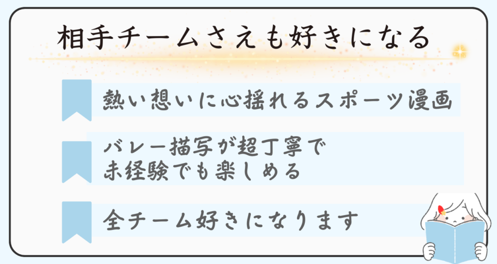 キャラクターにはまるおすすめスポーツ漫画「ハイキュー」。キャラクターの熱い想いに感動できて、バレーボールの描写が丁寧なので未経験でも楽しめる、キャラクターの作り込みが深く、全チーム好きになれる漫画です。